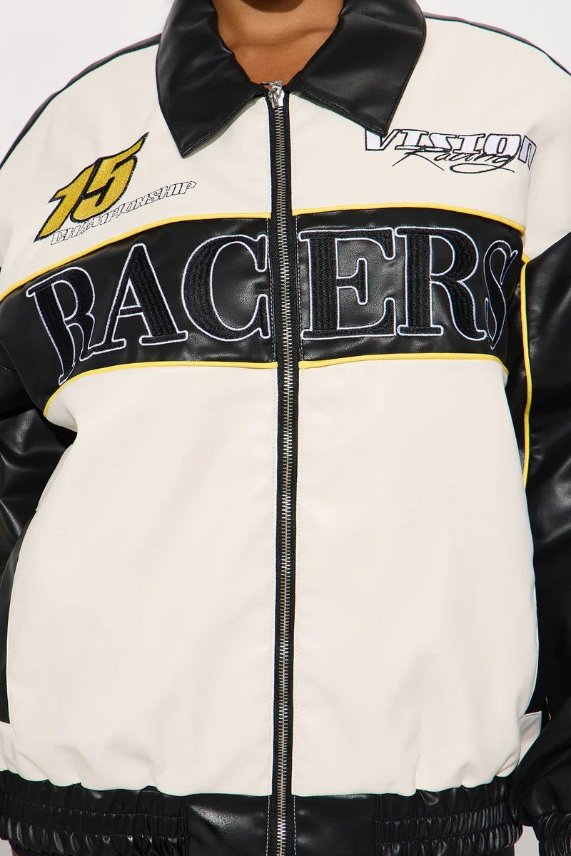 Luxus® Street Racer Faux Leather Bomber Jacket - Black/combo