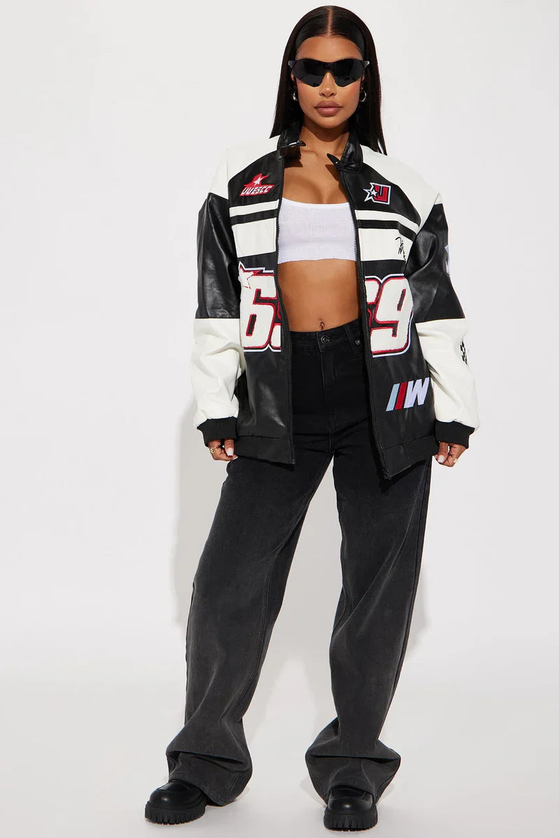Luxus® Racing Flag Bomber Jacket - Black/White